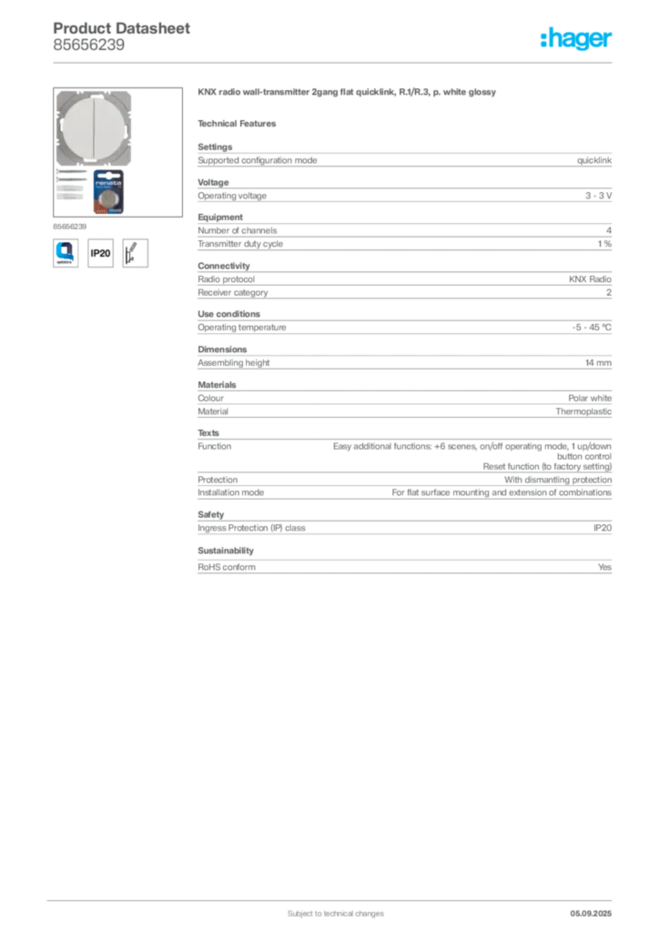 Image Hager Product data sheet 85656239  | Hager