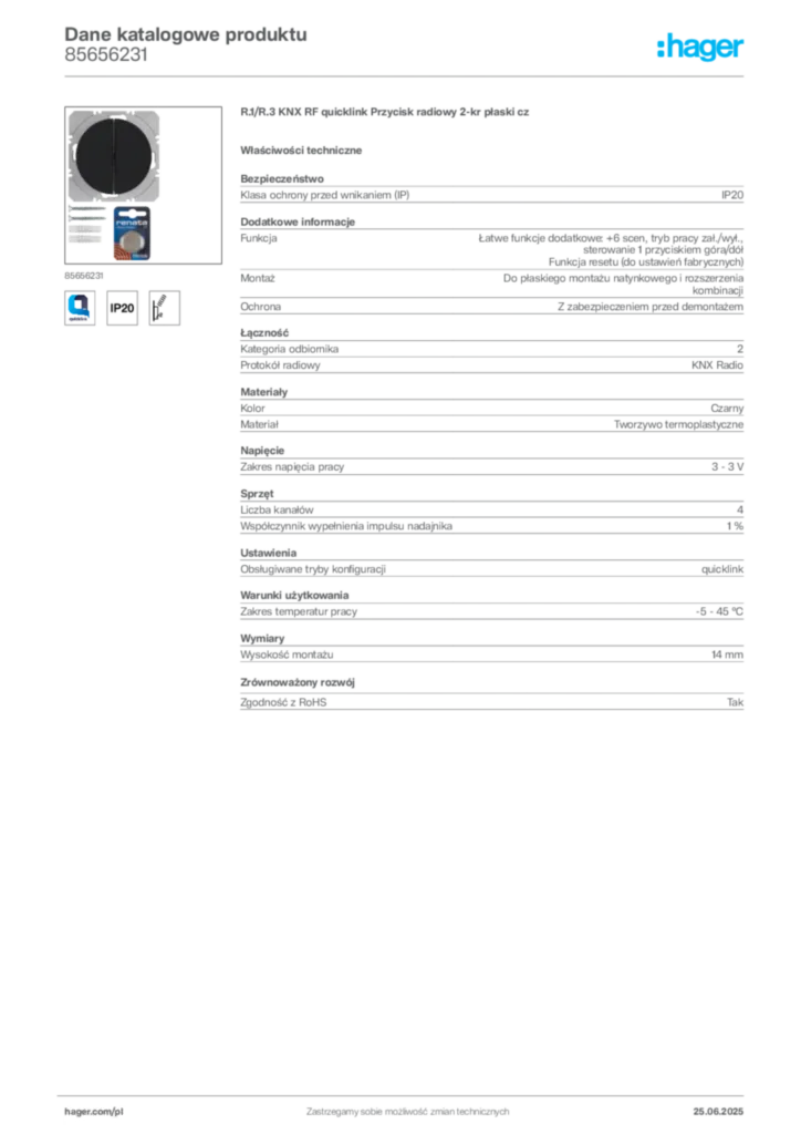 Zdjęcie Hager Dane katalogowe produktu 85656231 | Hager Polska
