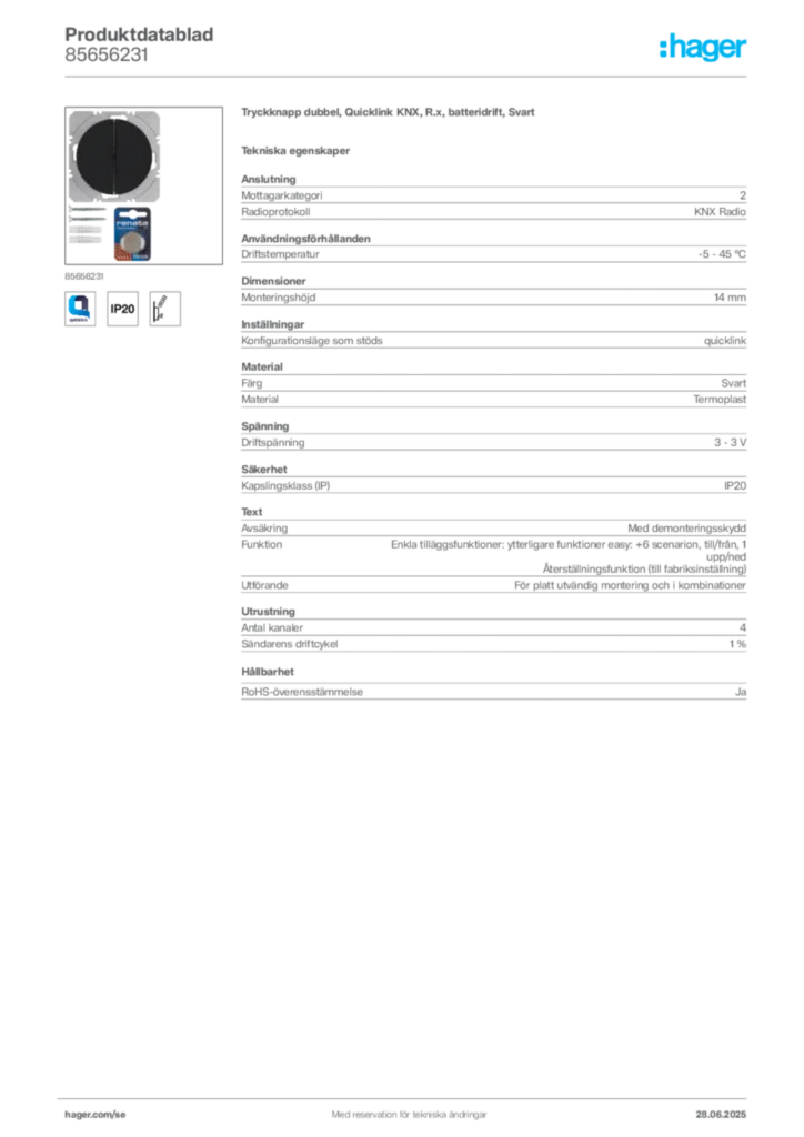 Bild Hager Produktdatablad 85656231 | Hager Sverige