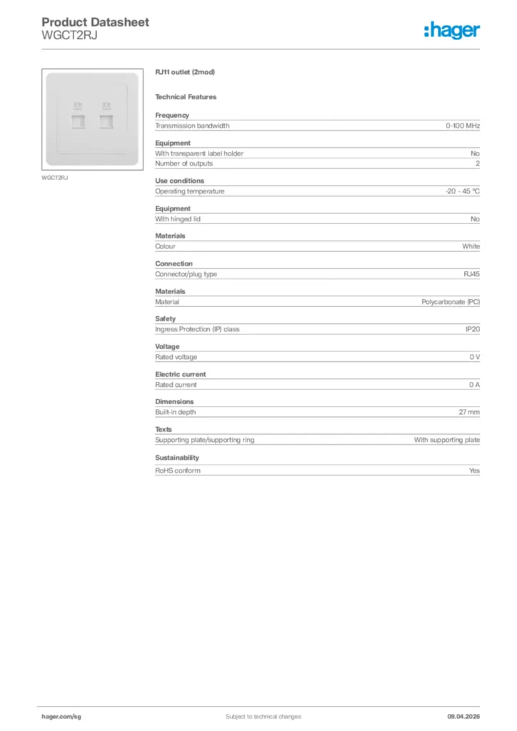 Image Hager Product data sheet WGCT2RJ  | Hager