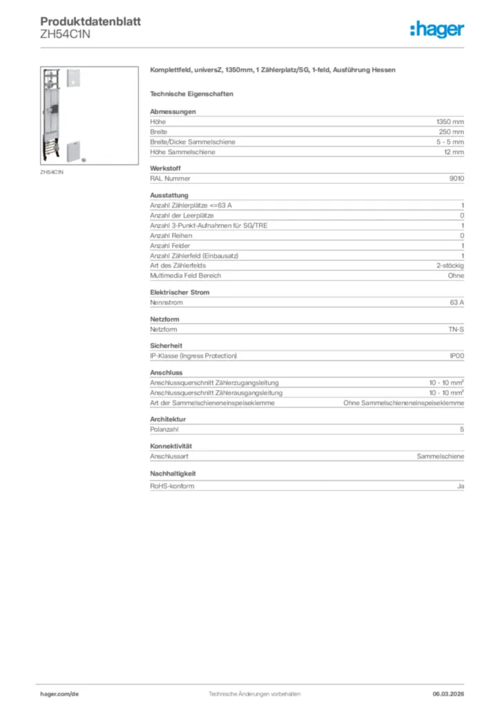 Bild Hager Produktdatenblatt ZH54C1N | Hager Deutschland