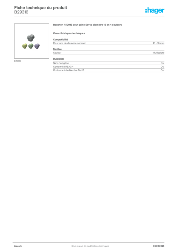 Image Iboco Fiche technique du produit B29316 | Hager France