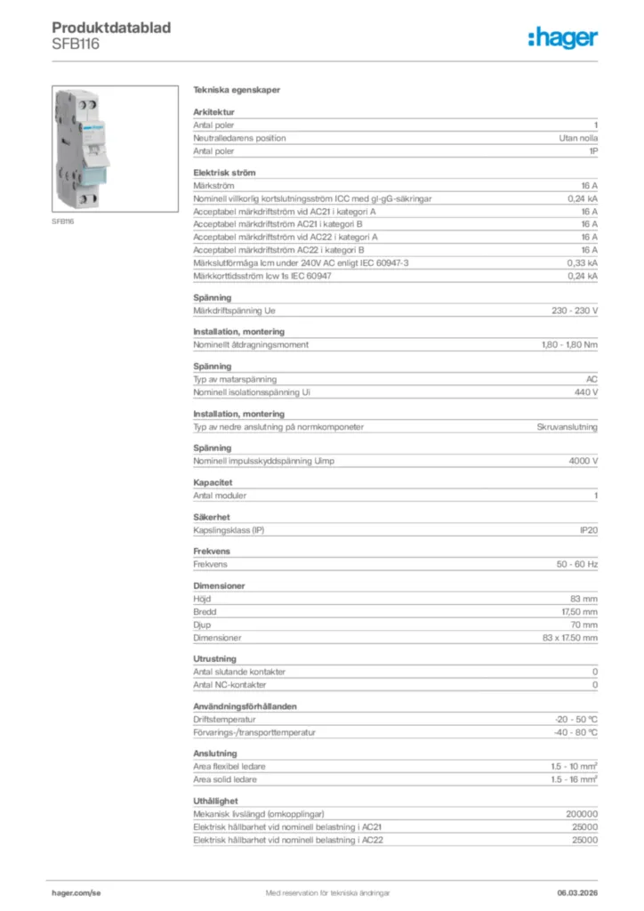 Bild Hager Produktdatablad SFB116 | Hager Sverige