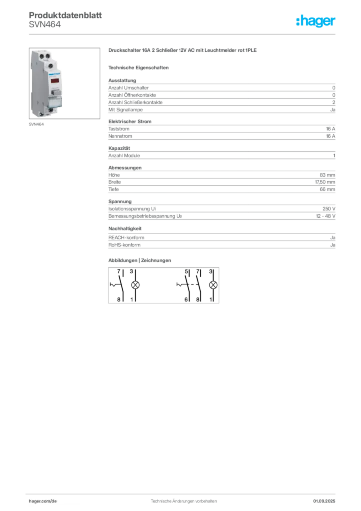 Hager Produktdatenblatt SVN464