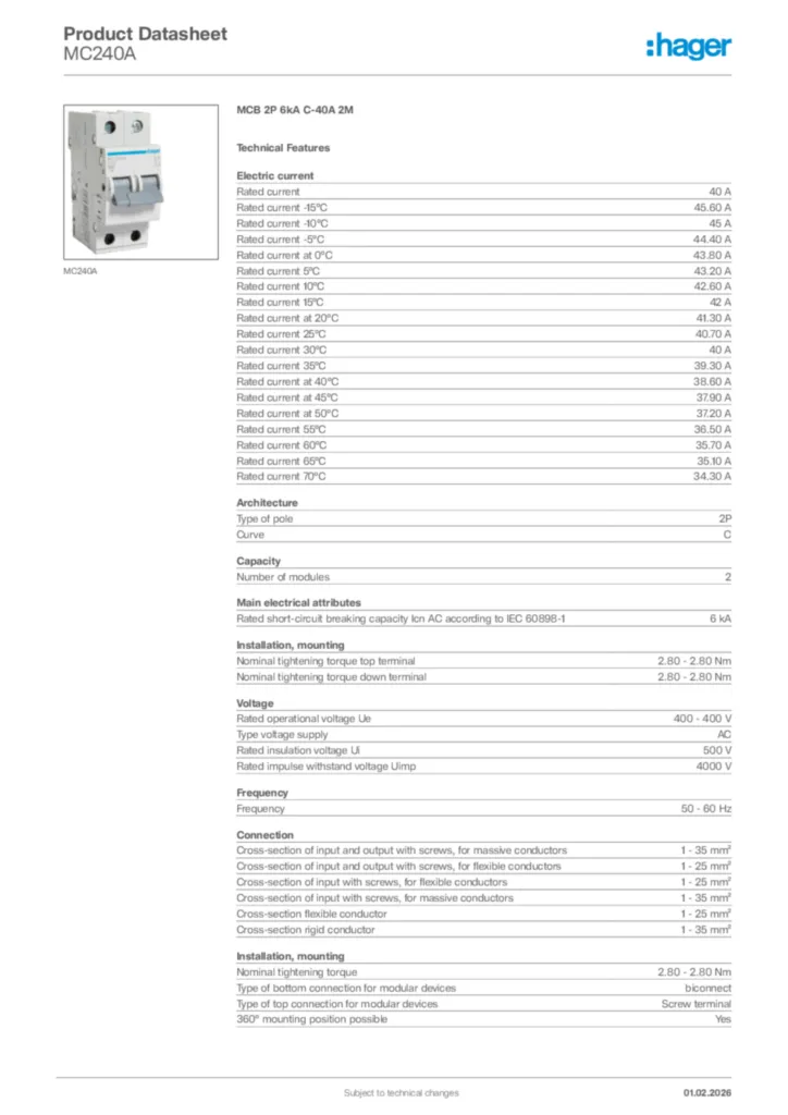 Image Hager Product data sheet MC240A  | Hager Africa