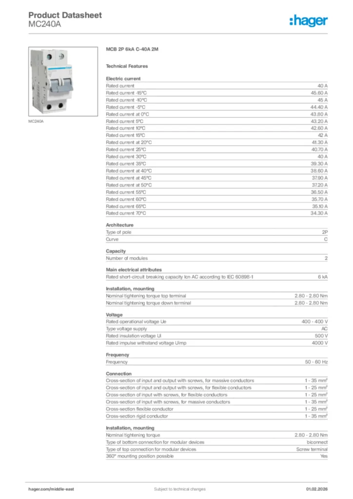 Image Hager Product data sheet MC240A  | Hager