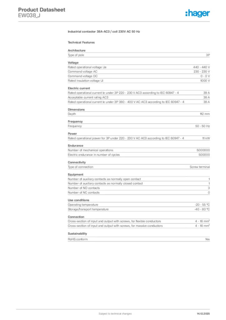 Image Hager Product data sheet EW038_J  | Hager Africa