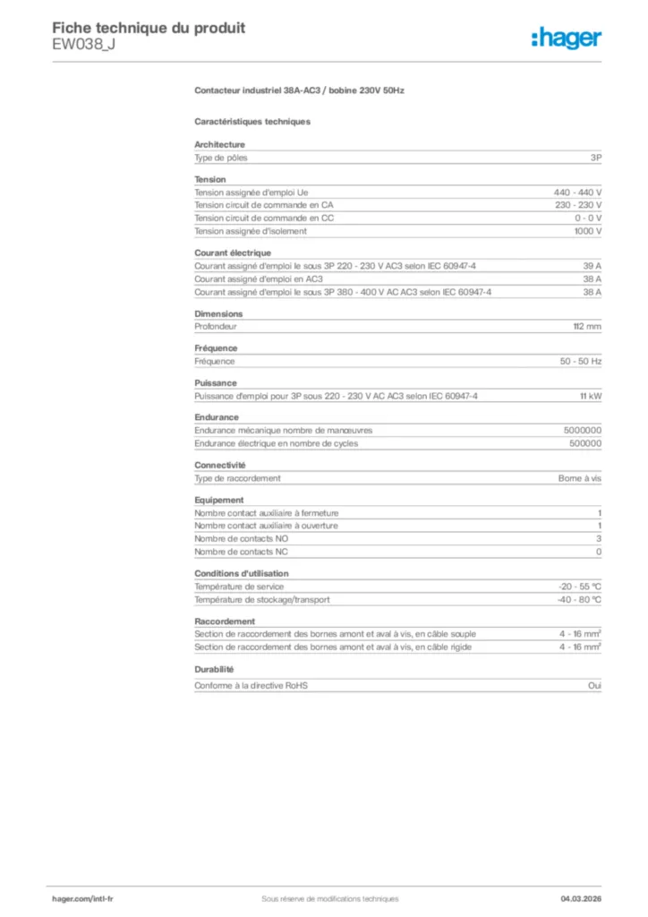 Image Hager Fiche technique du produit EW038_J | Hager Afrique