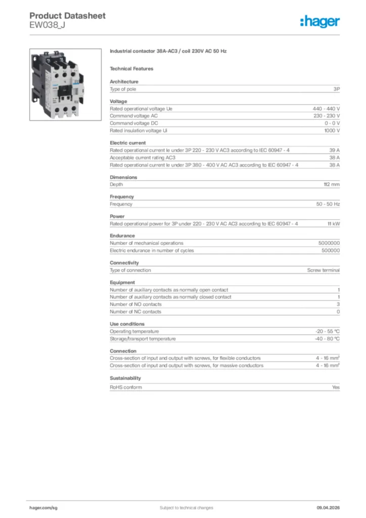 Image Hager Product data sheet EW038_J  | Hager