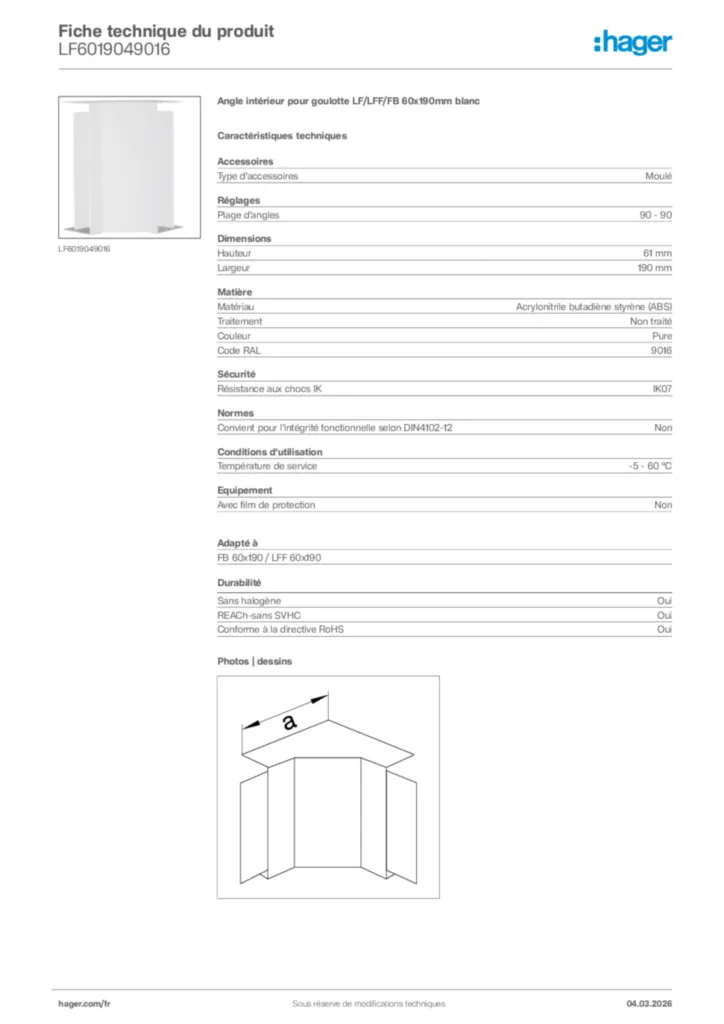 Image Hager Fiche technique du produit LF6019049016 | Hager France