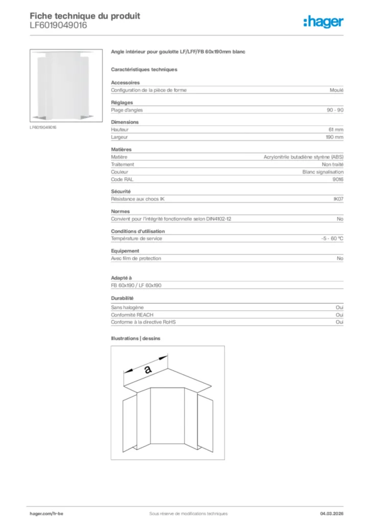 Image Hager Fiche technique du produit LF6019049016 | Hager Belgique