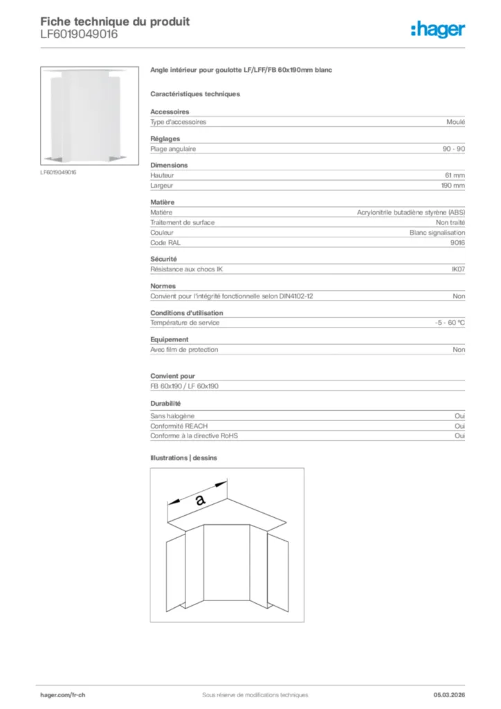 Image Hager Fiche technique du produit LF6019049016 | Hager Suisse