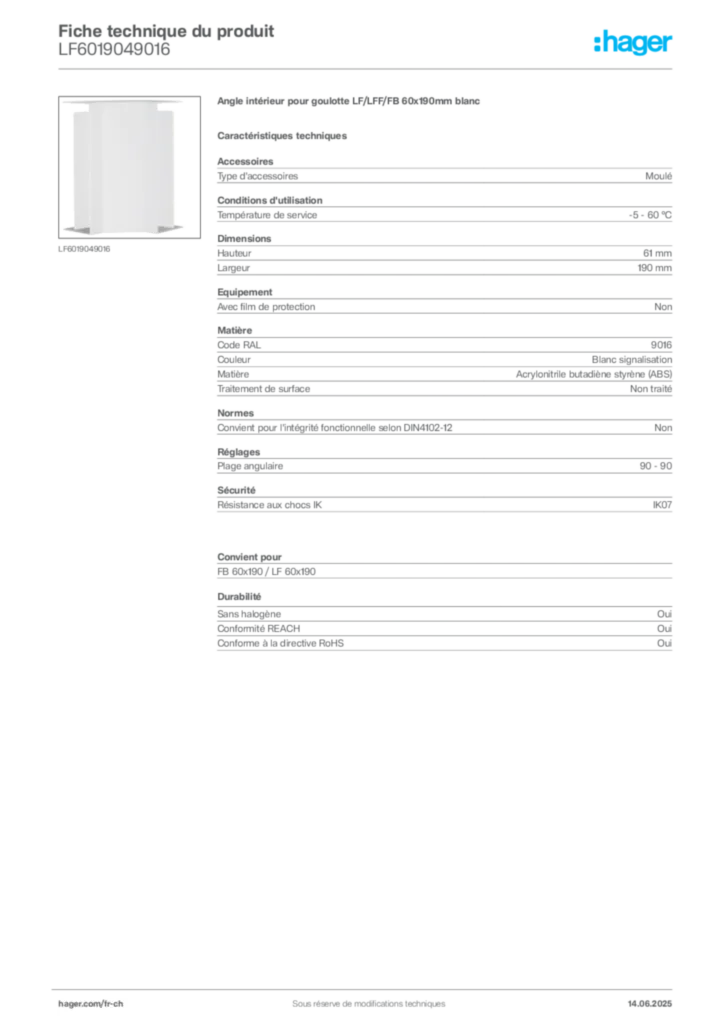 Image Hager Fiche technique du produit LF6019049016 | Hager Suisse