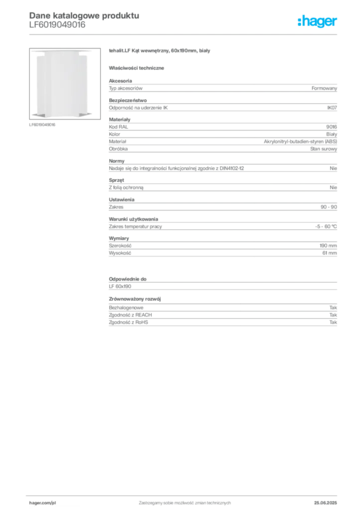 Zdjęcie Hager Dane katalogowe produktu LF6019049016 | Hager Polska