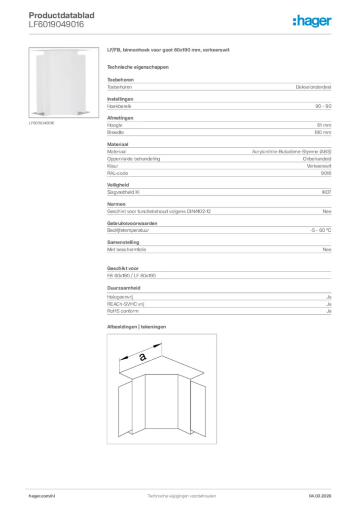 Afbeelding Hager Productdatablad LF6019049016 | Hager Nederland