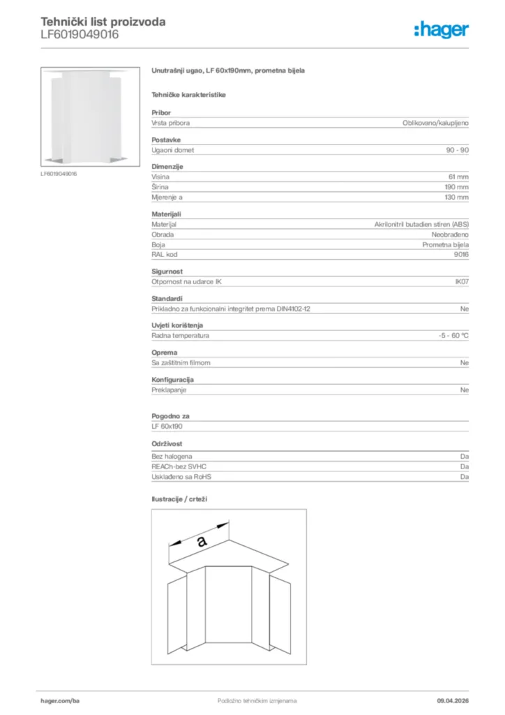 Slika Hager Tehnički list proizvoda LF6019049016  | Hager