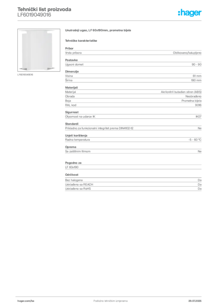 Slika Hager Product data sheet LF6019049016  | Hager