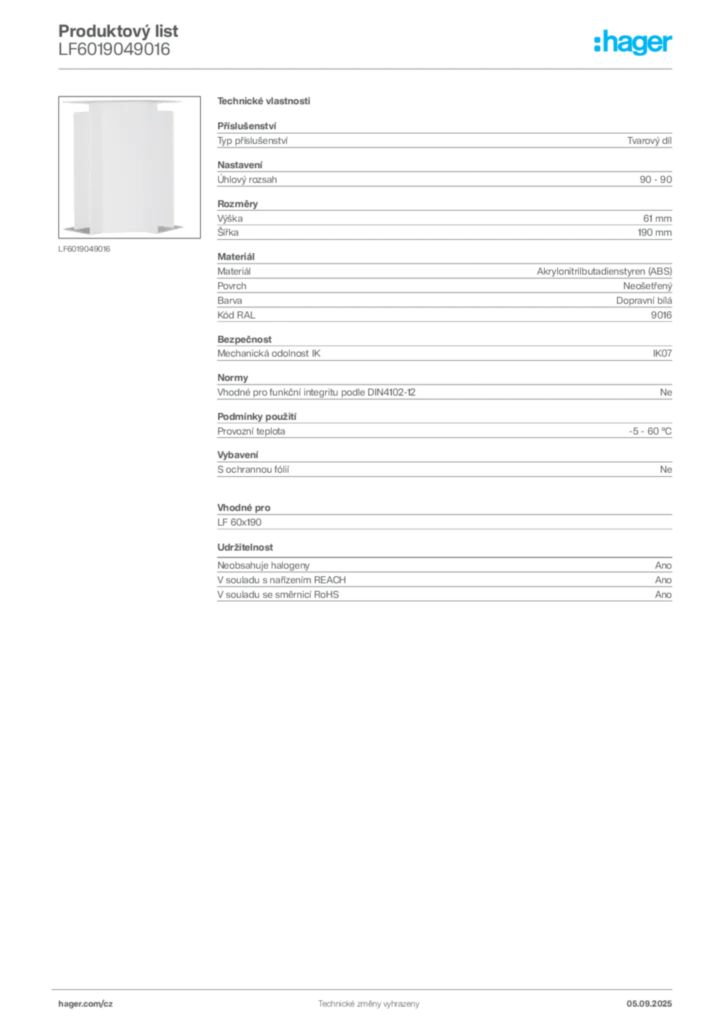 Obrázek Hager Produktový list LF6019049016 | Hager