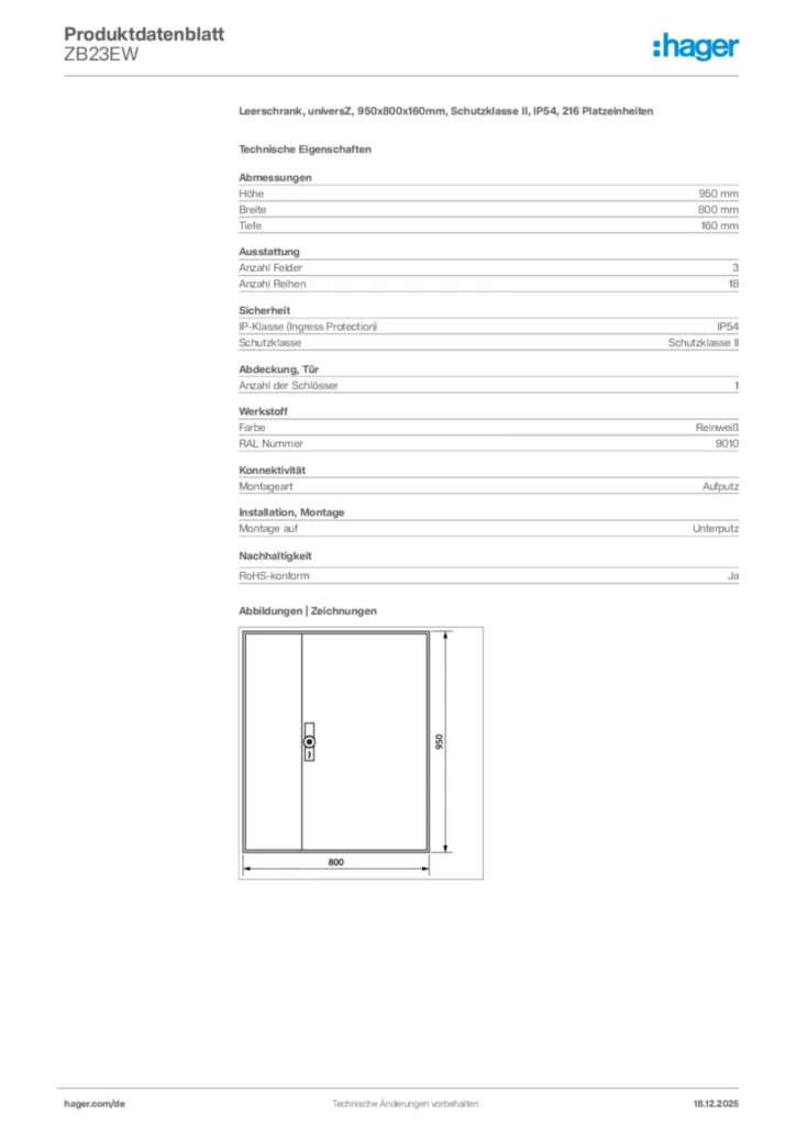 Bild Hager Produktdatenblatt ZB23EW | Hager Deutschland