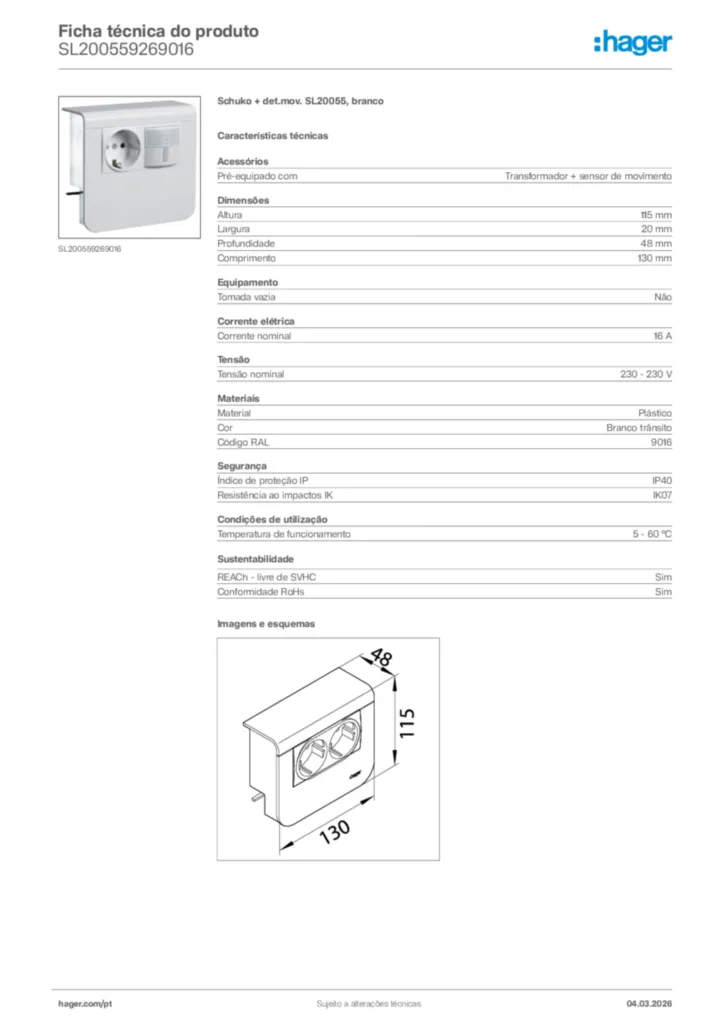 Imagem Hager Ficha técnica do produto SL200559269016 | Hager Portugal