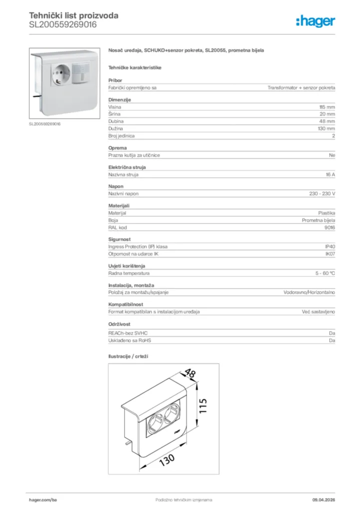 Slika Hager Tehnički list proizvoda SL200559269016  | Hager