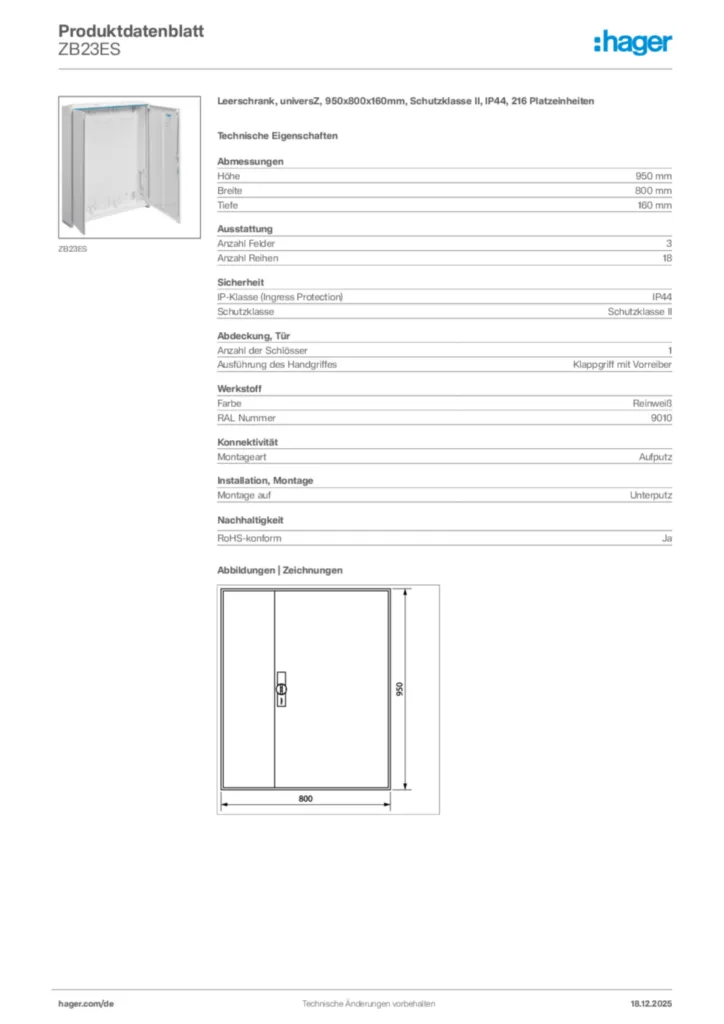 Bild Hager Produktdatenblatt ZB23ES | Hager Deutschland