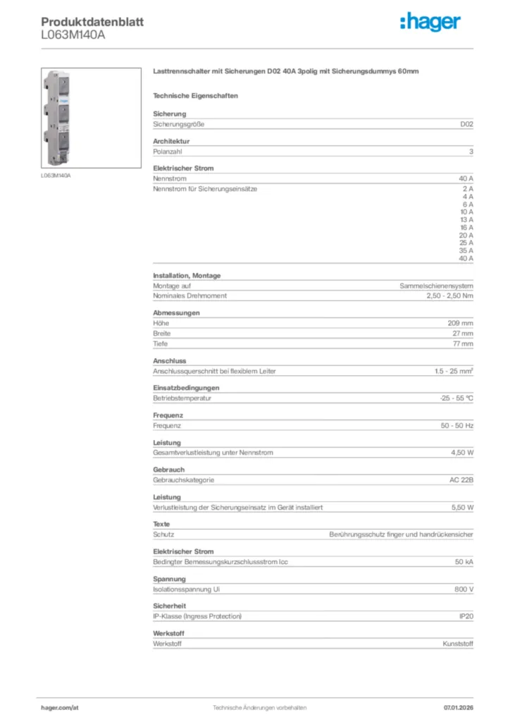 Bild Hager Produktdatenblatt L063M140A | Hager Deutschland