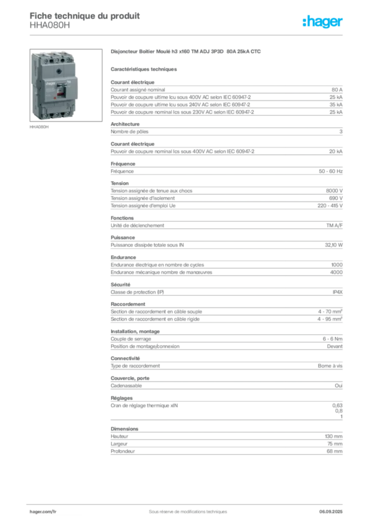 Image Hager Fiche technique du produit HHA080H | Hager France