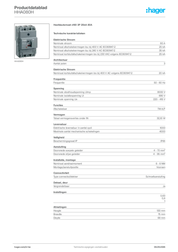 Afbeelding Hager Productdatablad HHA080H | Hager Belgium