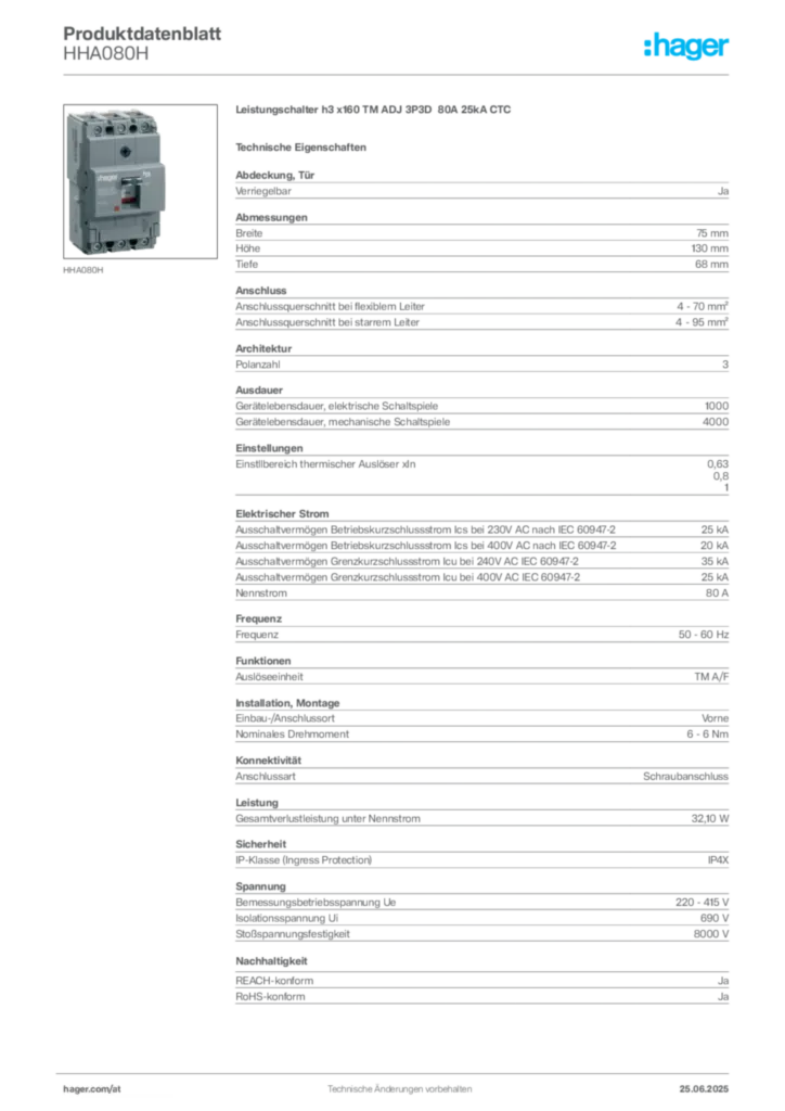 Bild Hager Produktdatenblatt HHA080H | Hager Deutschland