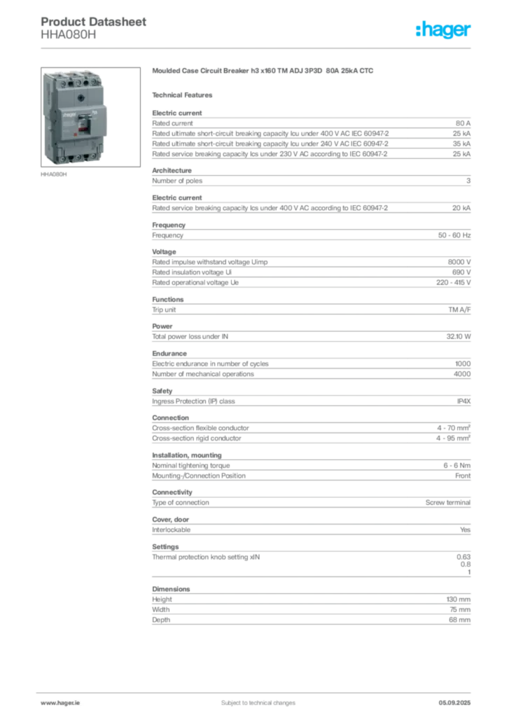 Image Hager Product data sheet HHA080H  | Hager