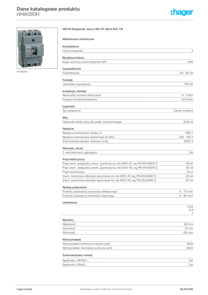 Zdjęcie Hager Dane katalogowe produktu HHA080H | Hager Polska