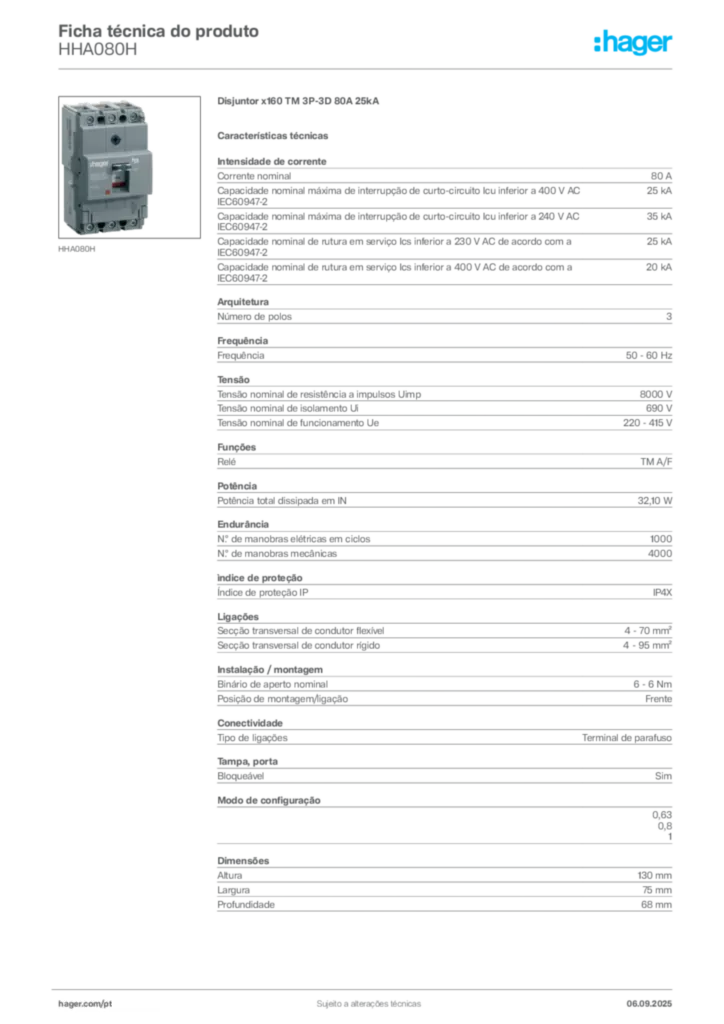 Imagem Hager Ficha técnica do produto HHA080H | Hager Portugal