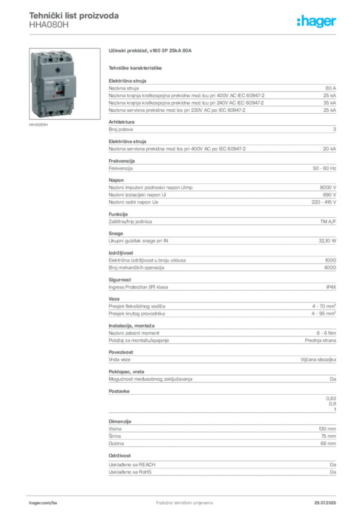 Slika Hager Product data sheet HHA080H  | Hager