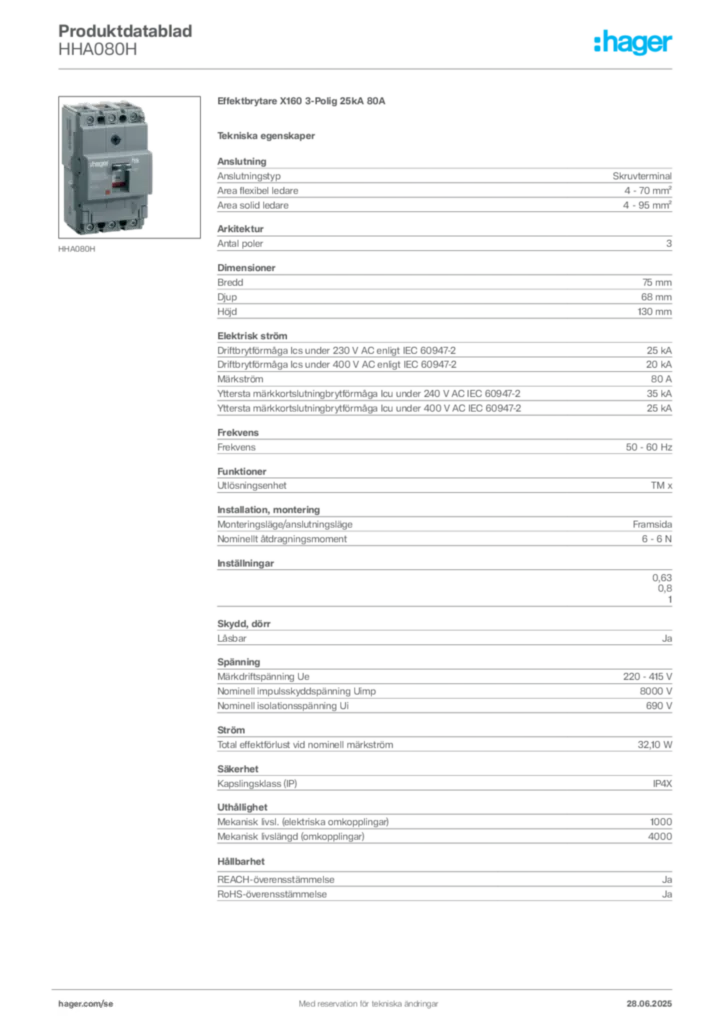 Bild Hager Produktdatablad HHA080H | Hager Sverige