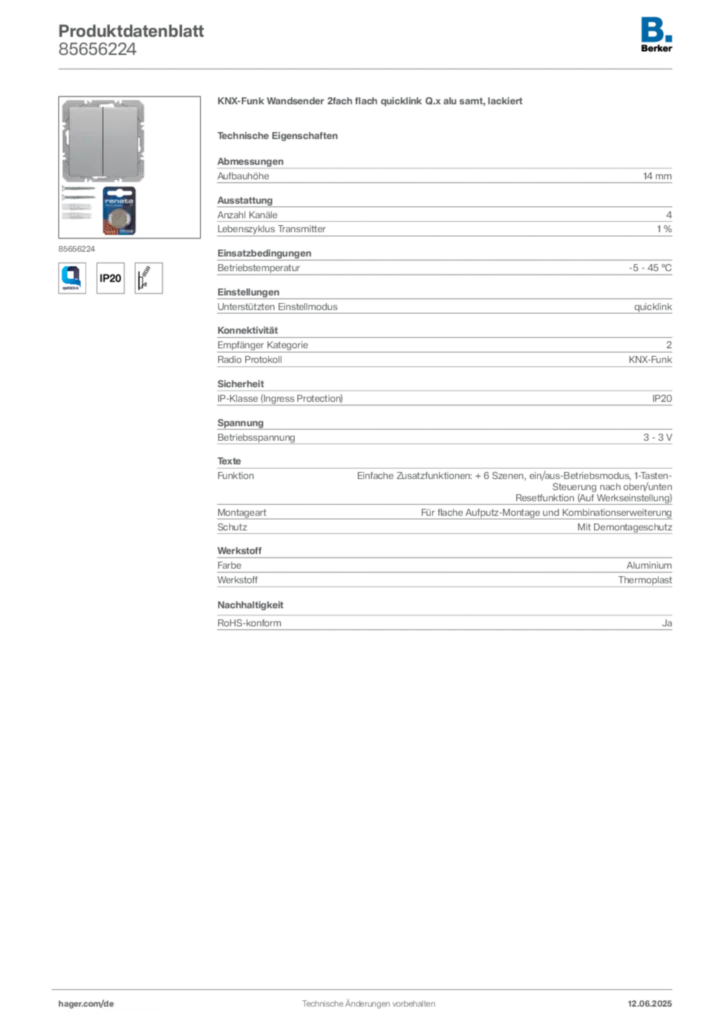 Bild Berker Produktdatenblatt 85656224 | Hager Deutschland