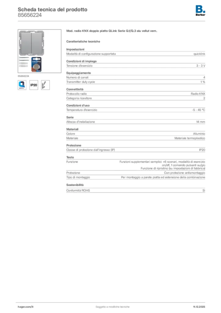 Immagine Berker Scheda tecnica del prodotto 85656224 | Hager Italia