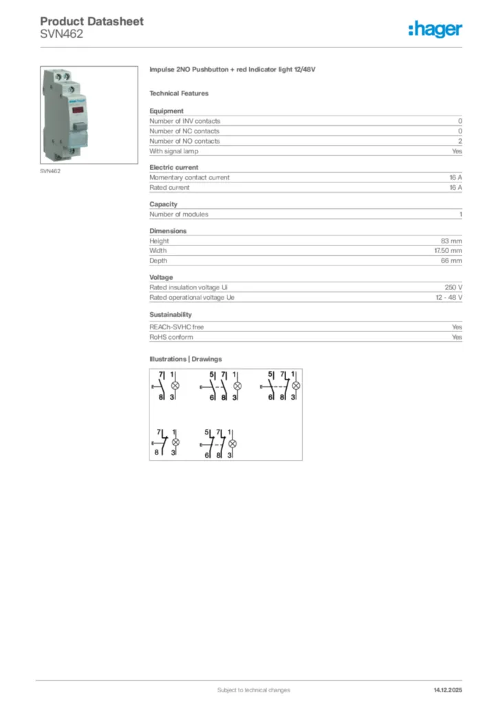 Image Hager Product data sheet SVN462  | Hager Africa