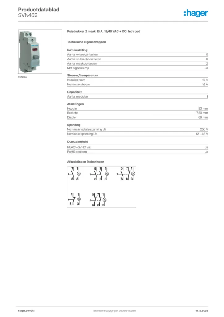 Afbeelding Hager Productdatablad SVN462 | Hager Nederland