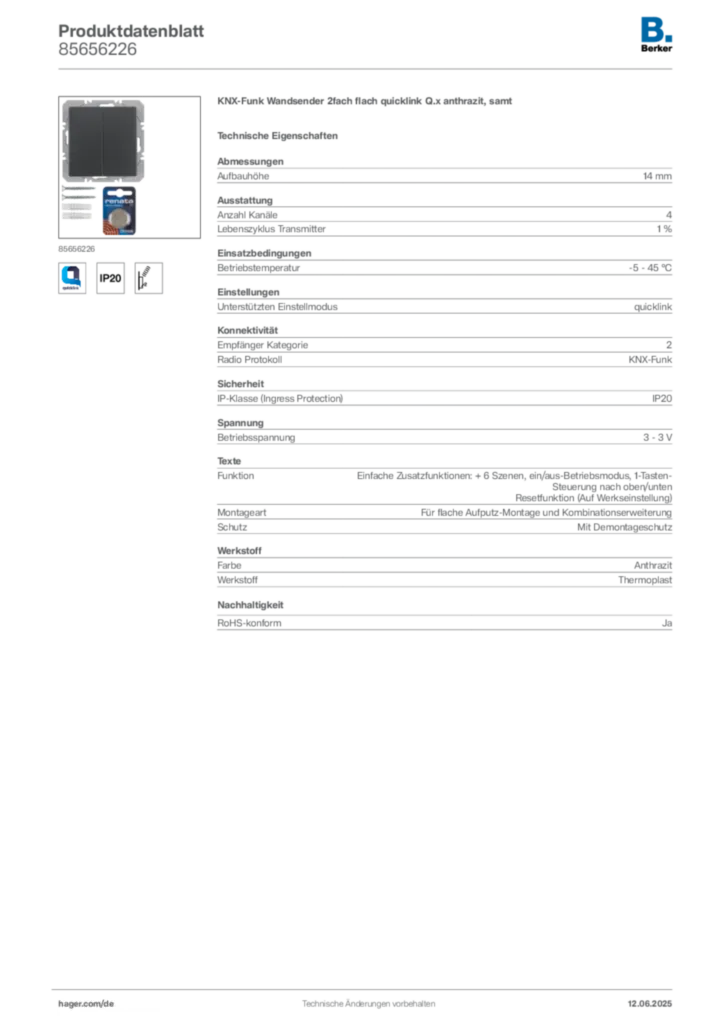 Bild Berker Produktdatenblatt 85656226 | Hager Deutschland