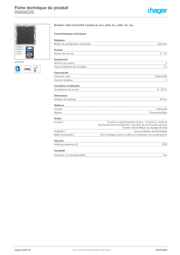 Image Hager Fiche technique du produit 85656226 | Hager Belgique