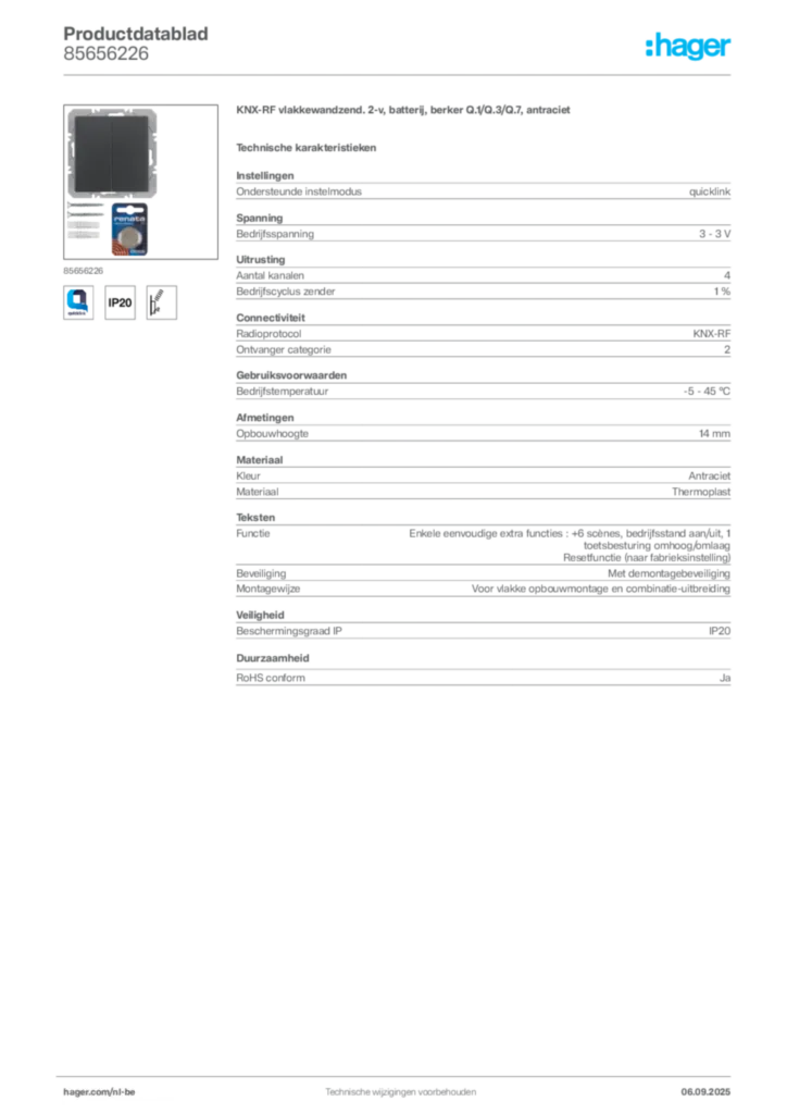 Afbeelding Hager Productdatablad 85656226 | Hager Belgium