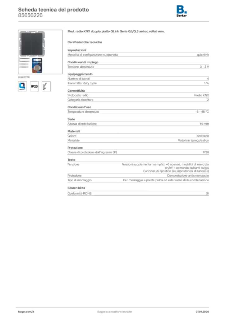 Immagine Berker Scheda tecnica del prodotto 85656226 | Hager Italia