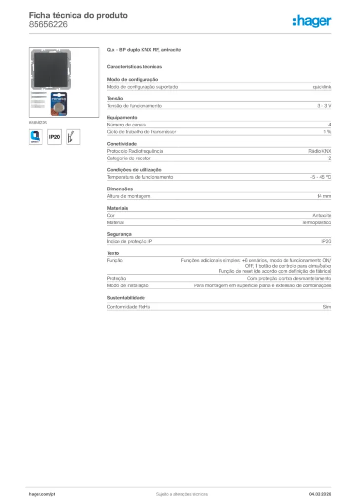 Imagem Hager Ficha técnica do produto 85656226 | Hager Portugal