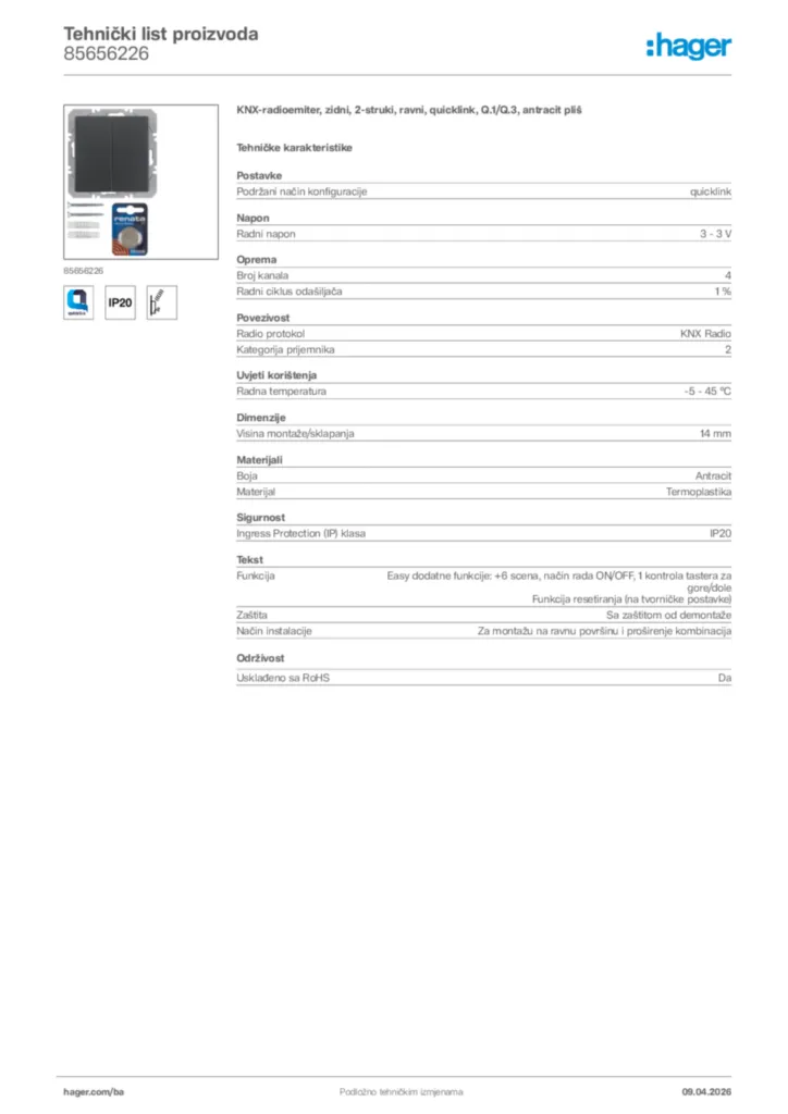 Slika Hager Tehnički list proizvoda 85656226  | Hager