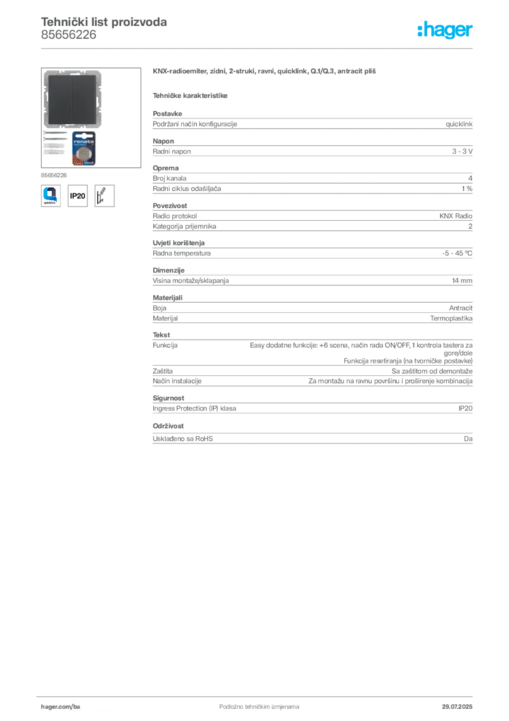 Slika Hager Product data sheet 85656226  | Hager