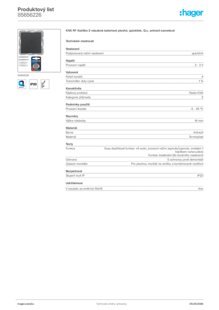 Obrázek Hager Produktový list 85656226 | Hager