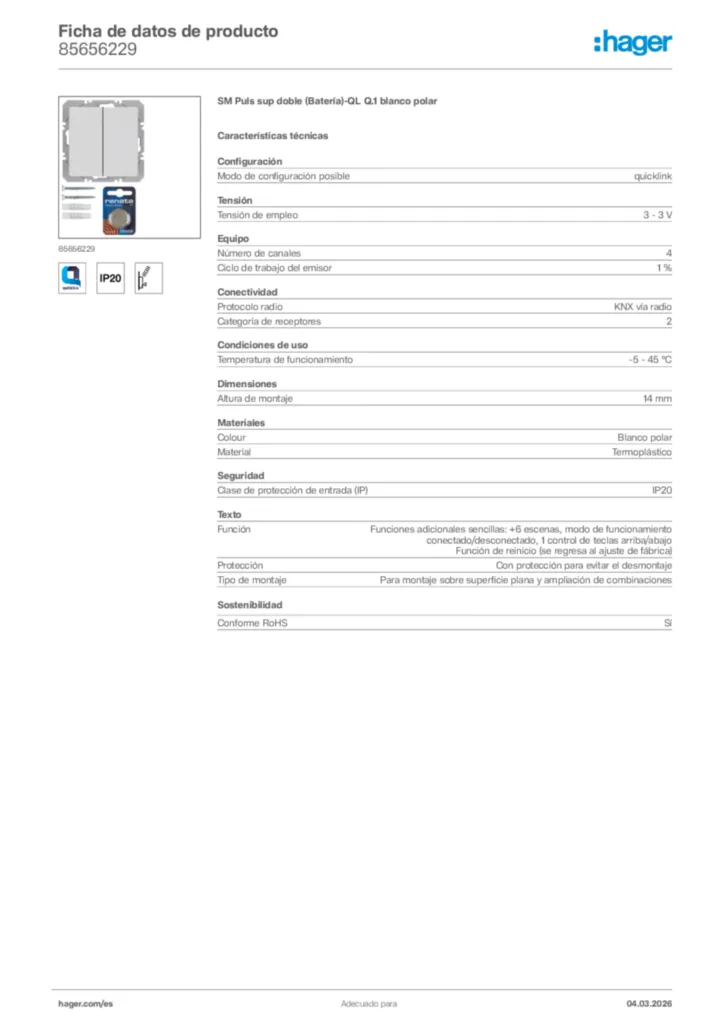 Imagen Hager Ficha de datos de producto 85656229 | Hager España