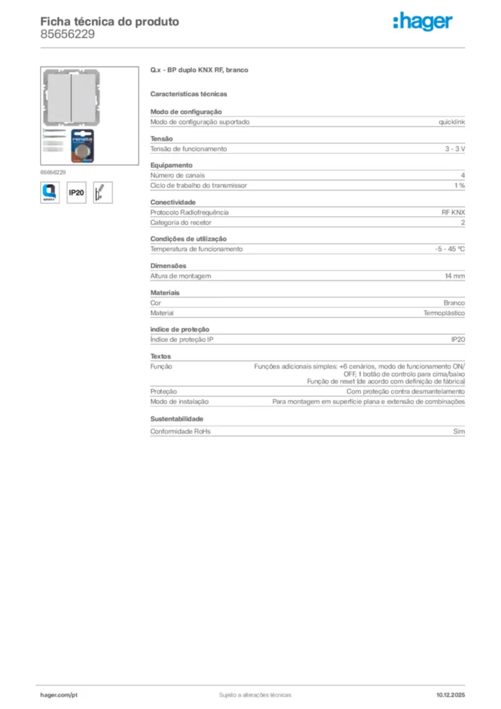 Imagem Hager Ficha técnica do produto 85656229 | Hager Portugal
