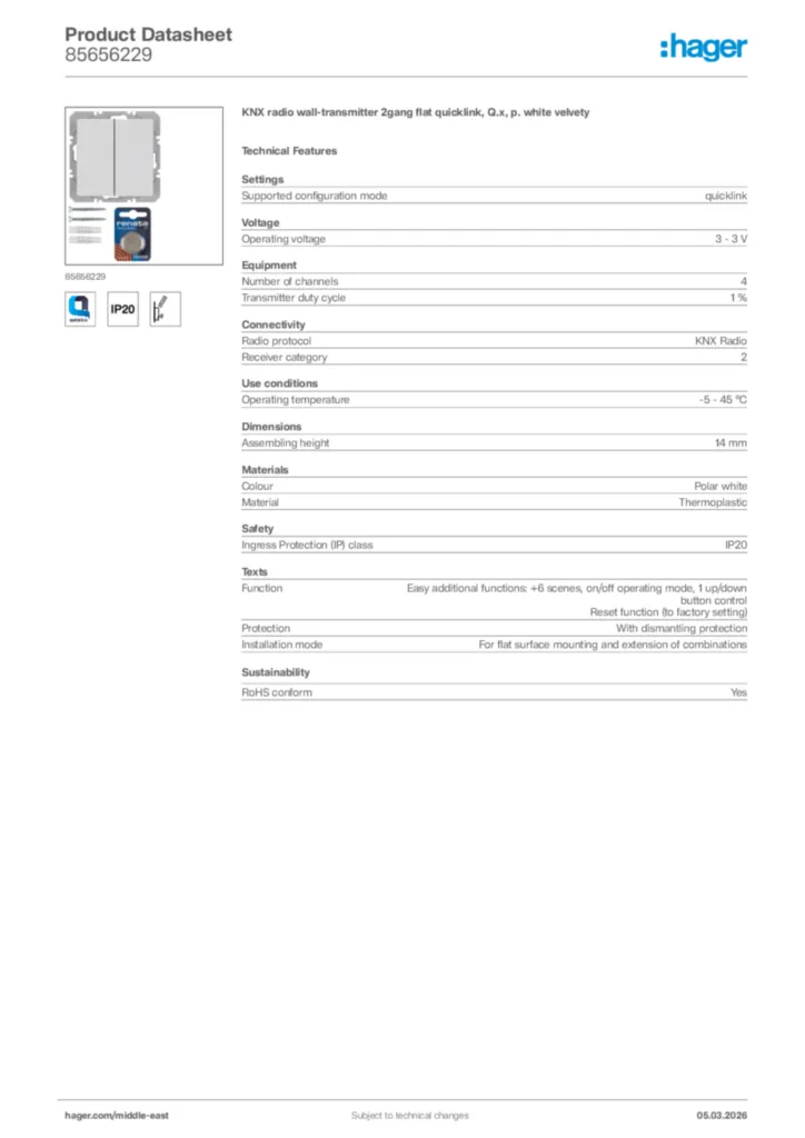 Image Hager Product data sheet 85656229  | Hager